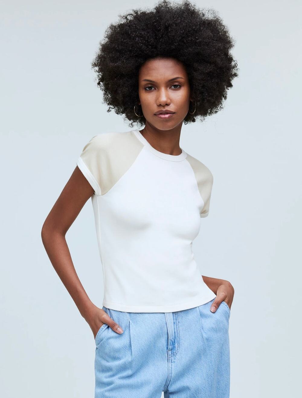 Madewell Raglan Sleeve Baby Tee Shirt Minimalist Basics Sporty Beige XXS NWT